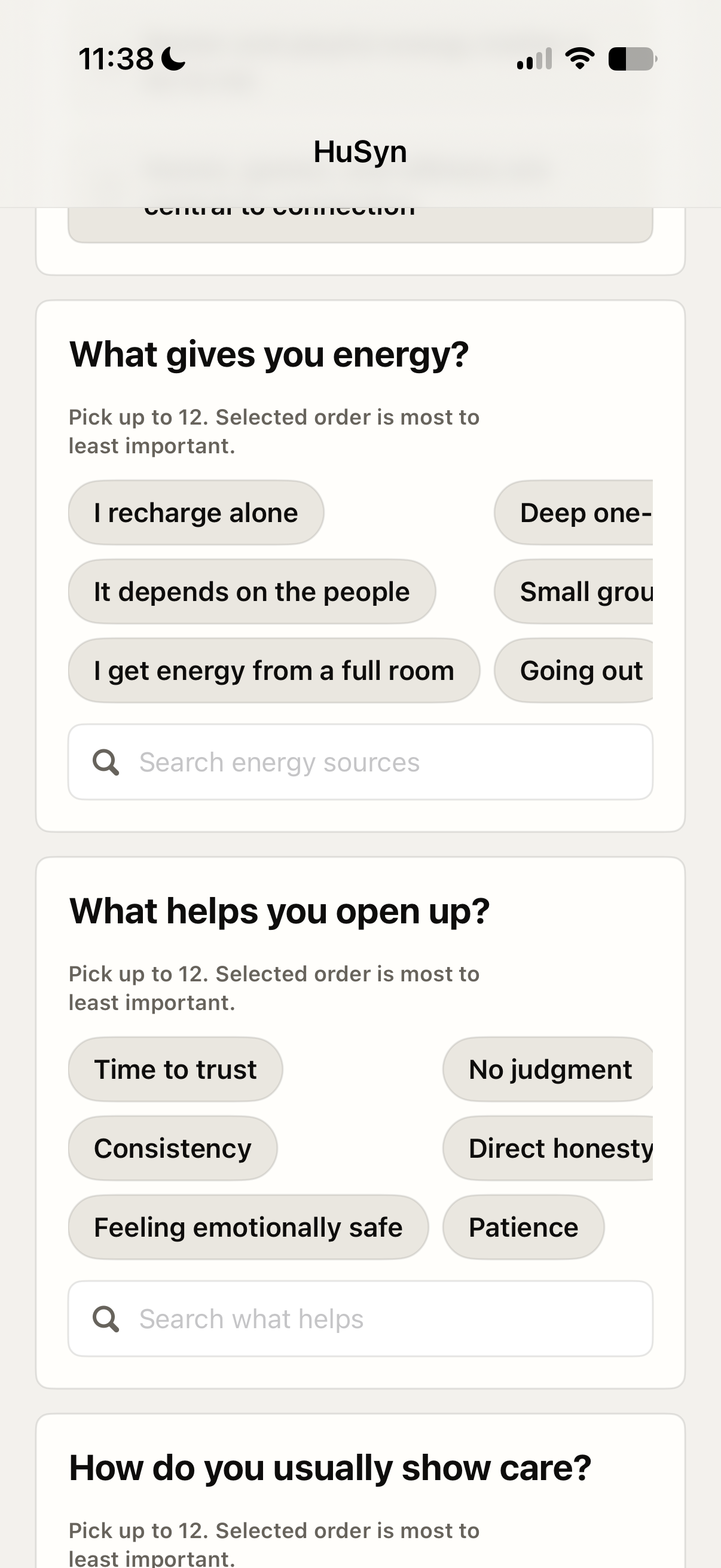HuSyn onboarding questions about energy, trust, and emotional openness