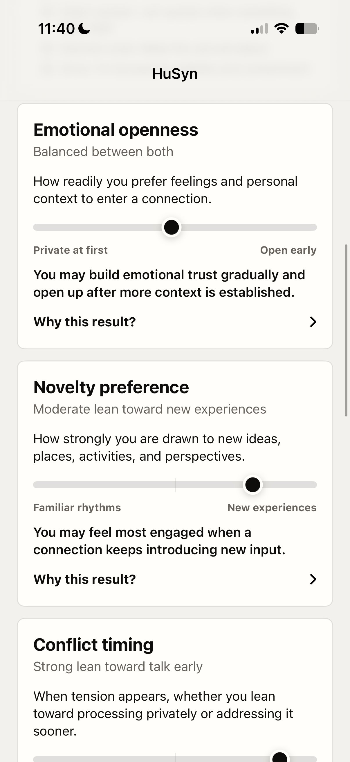 HuSyn matching profile showing personality dimensions and connection preferences