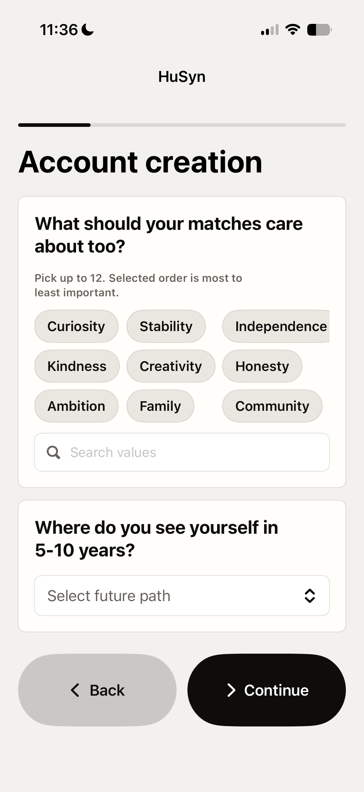HuSyn onboarding questions about values and future plans