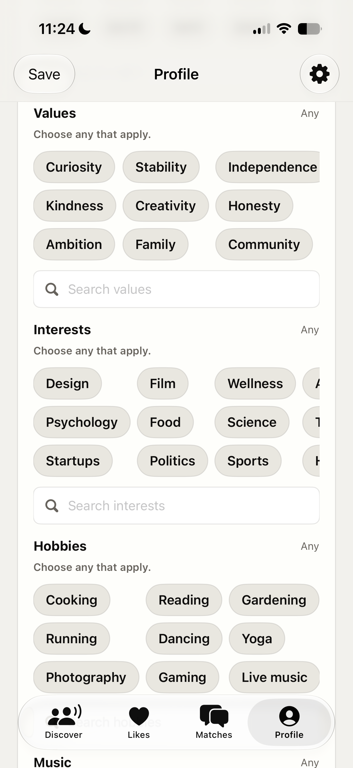 HuSyn profile values, interests, and hobbies